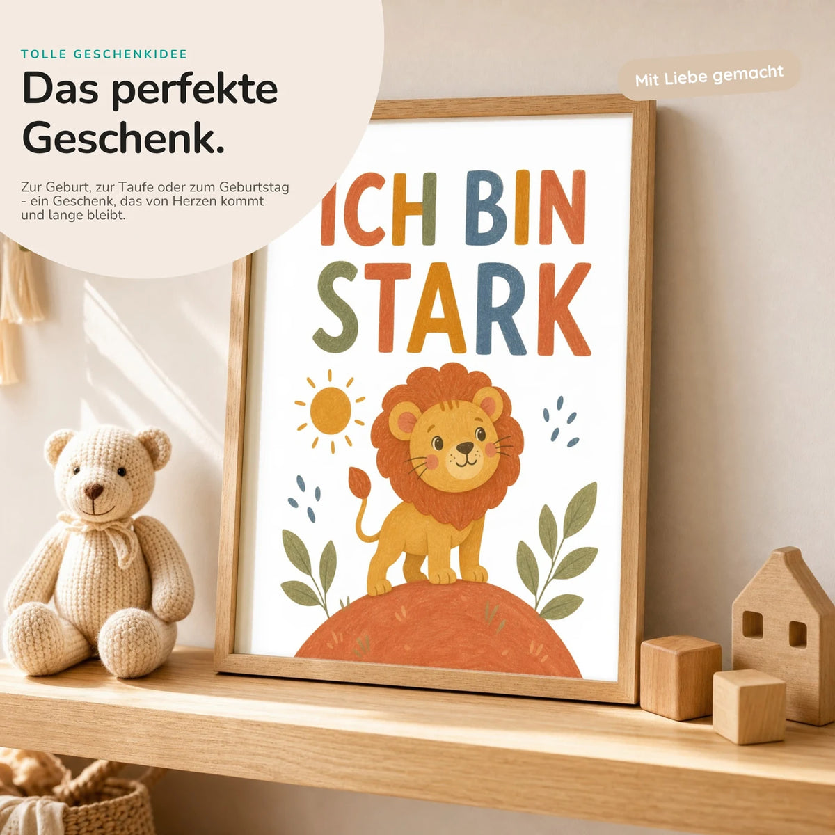 Affirmationsposter âLöwe Ich bin starkâ mit Teddy â Geschenk zur Geburt oder Taufe