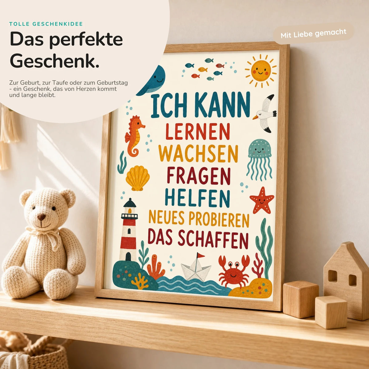 Affirmationsposter âMeer Ich kann lernenâ mit Teddy â Geschenk zur Geburt oder Taufe