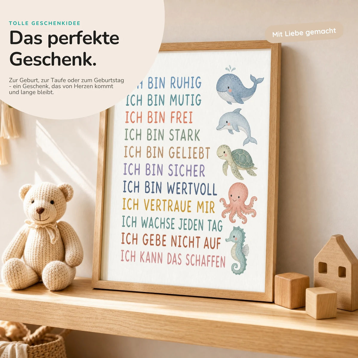 Affirmationsposter „Meerestiere“ mit Teddy – Geschenk zur Geburt oder Taufe