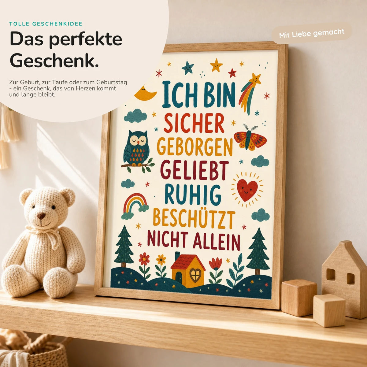Affirmationsposter âNachthimmel Ich bin sicherâ mit Teddy â Geschenk zur Geburt oder Taufe