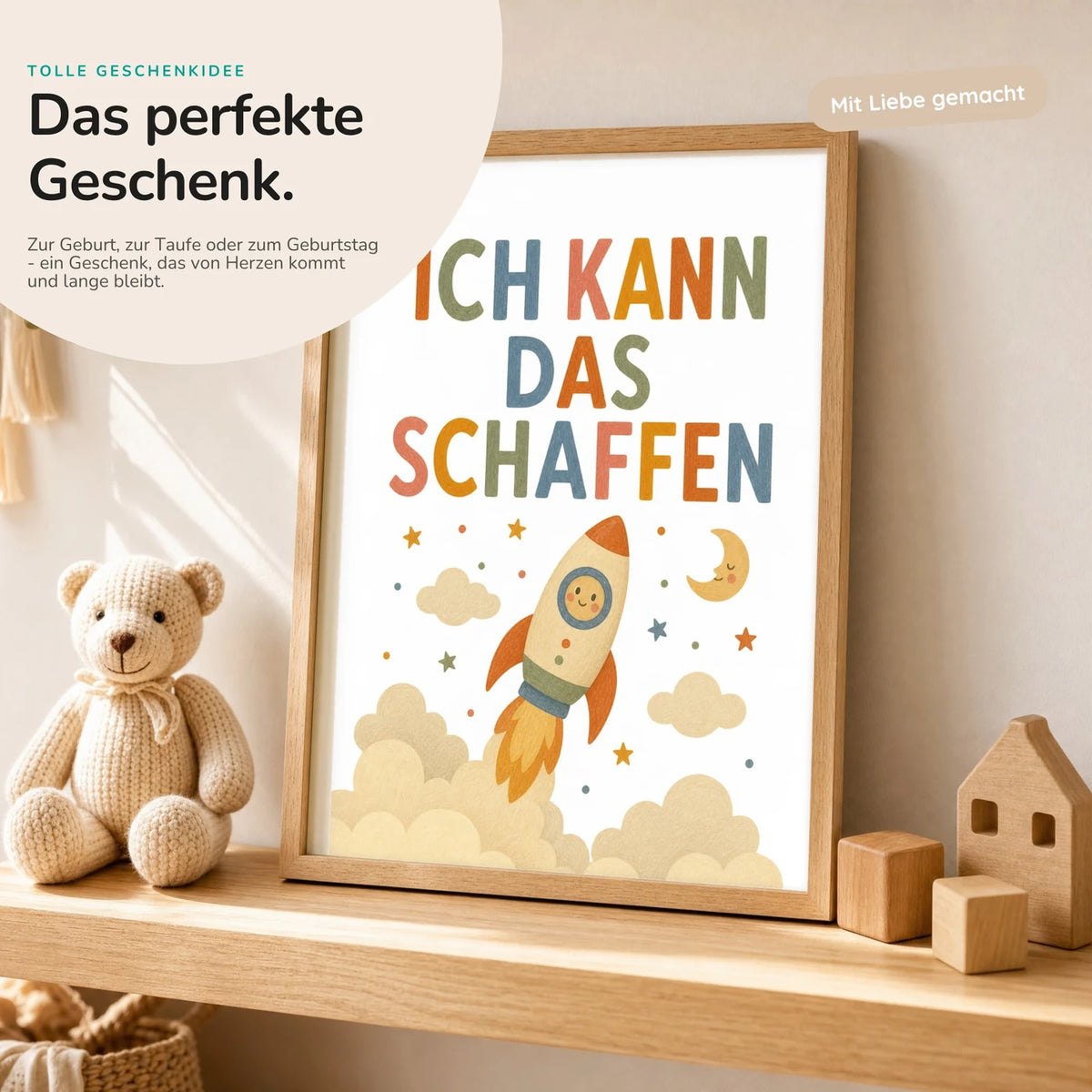 Affirmationsposter âRakete Ich kann das schaffenâ mit Teddy â Geschenk zur Geburt oder Taufe
