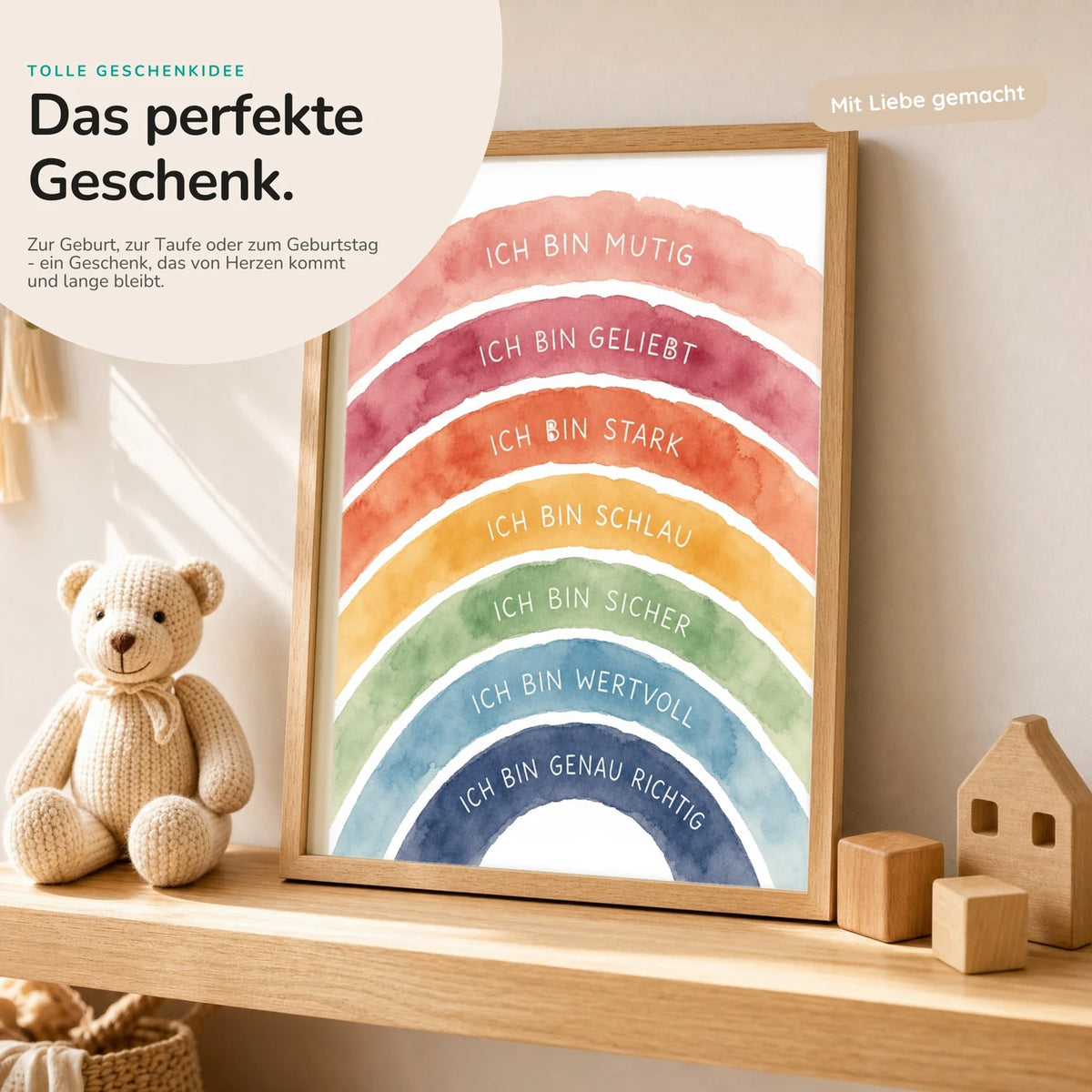 Affirmationsposter âRegenbogen Ich bin buntâ mit Teddy â Geschenk zur Geburt oder Taufe