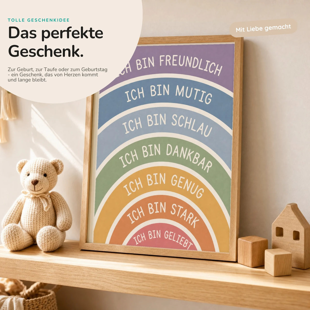 Affirmationsposter „Regenbogen Ich bin freundlich“ mit Teddy – Geschenk zur Geburt oder Taufe