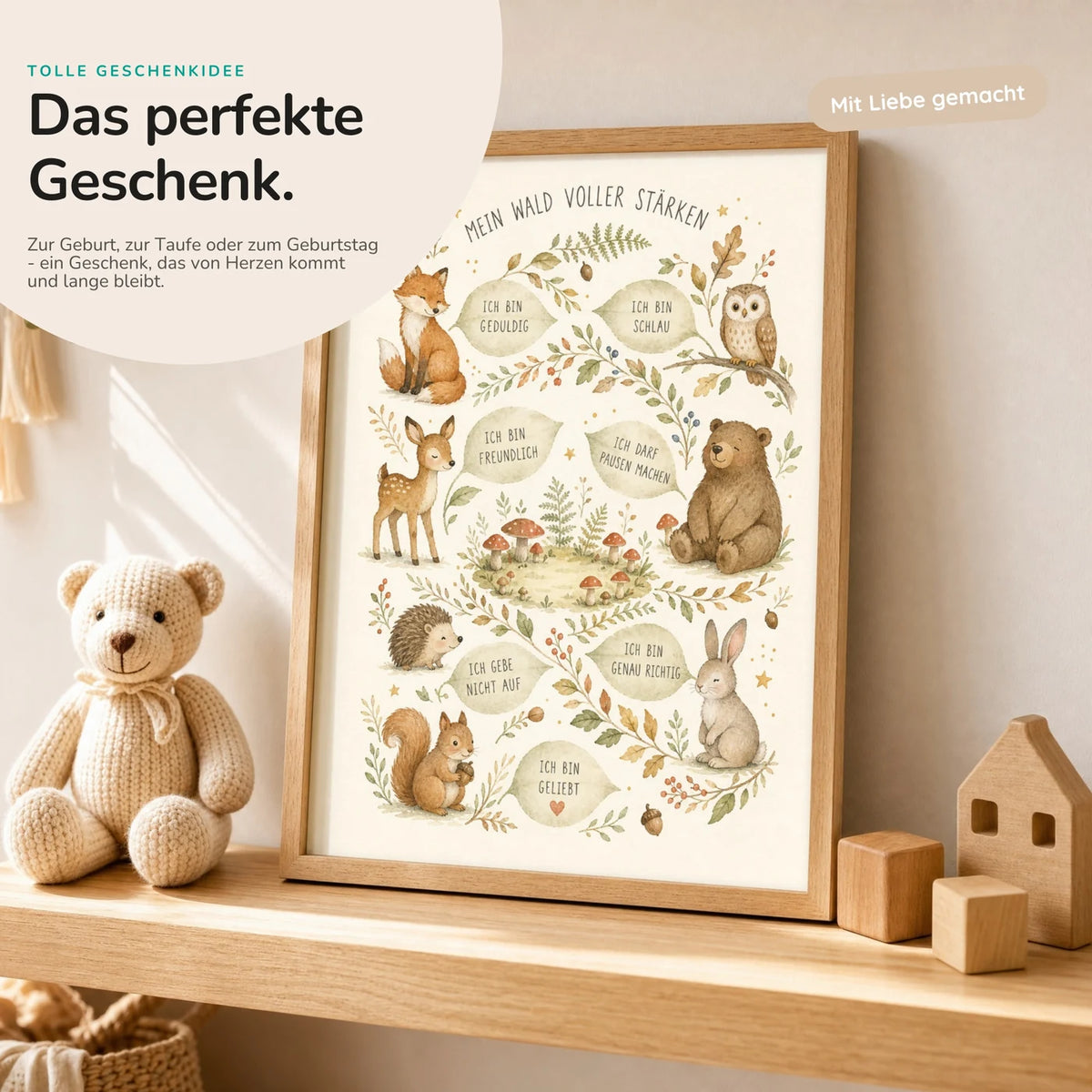 Affirmationsposter âWald voller StĂ€rkenâ mit Teddy â Geschenk zur Geburt oder Taufe