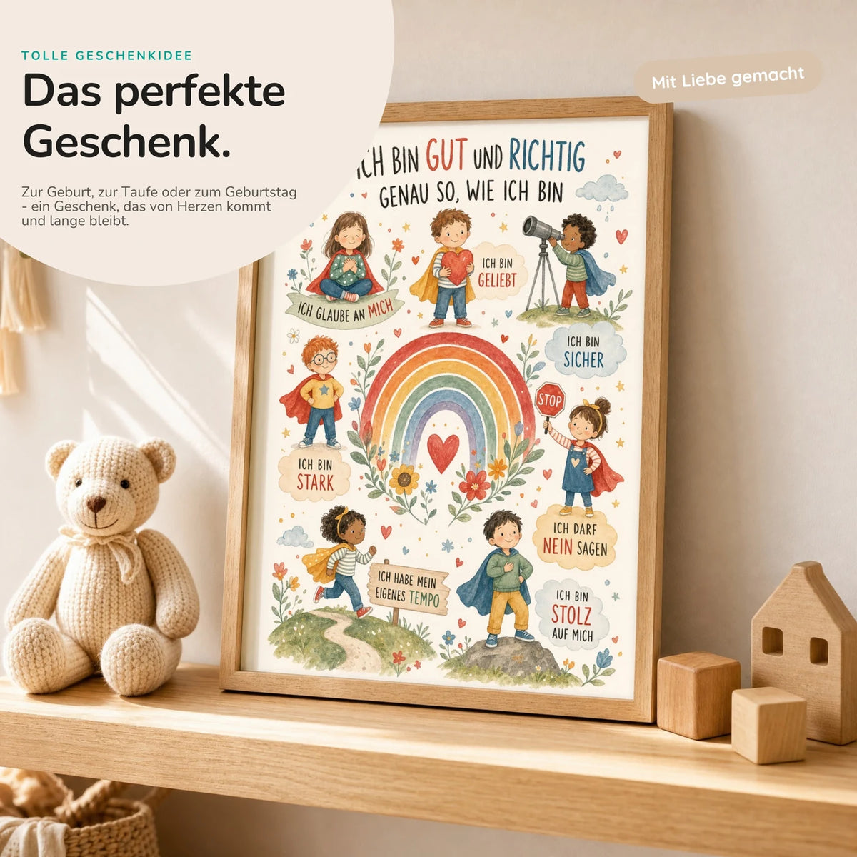 Affirmationsposter âIch bin gut und richtigâ mit Teddy â Geschenk zur Geburt oder Taufe