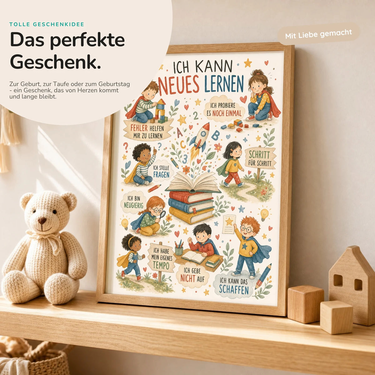 Affirmationsposter âWimmelbild Neues lernenâ mit Teddy â Geschenk zur Geburt oder Taufe
