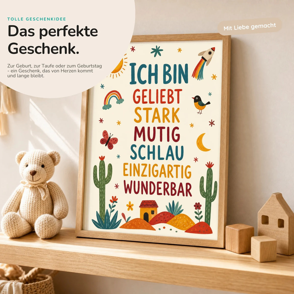 Affirmationsposter „Wüste Ich bin geliebt“ mit Teddy – Geschenk zur Geburt oder Taufe