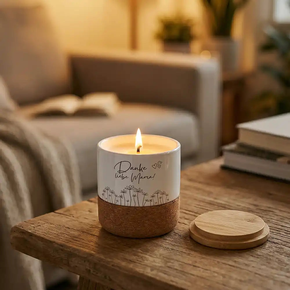 Duftkerze Vanille Keramik Danke Mama Wildblumen – abnehmbarer Bambusdeckel Detail