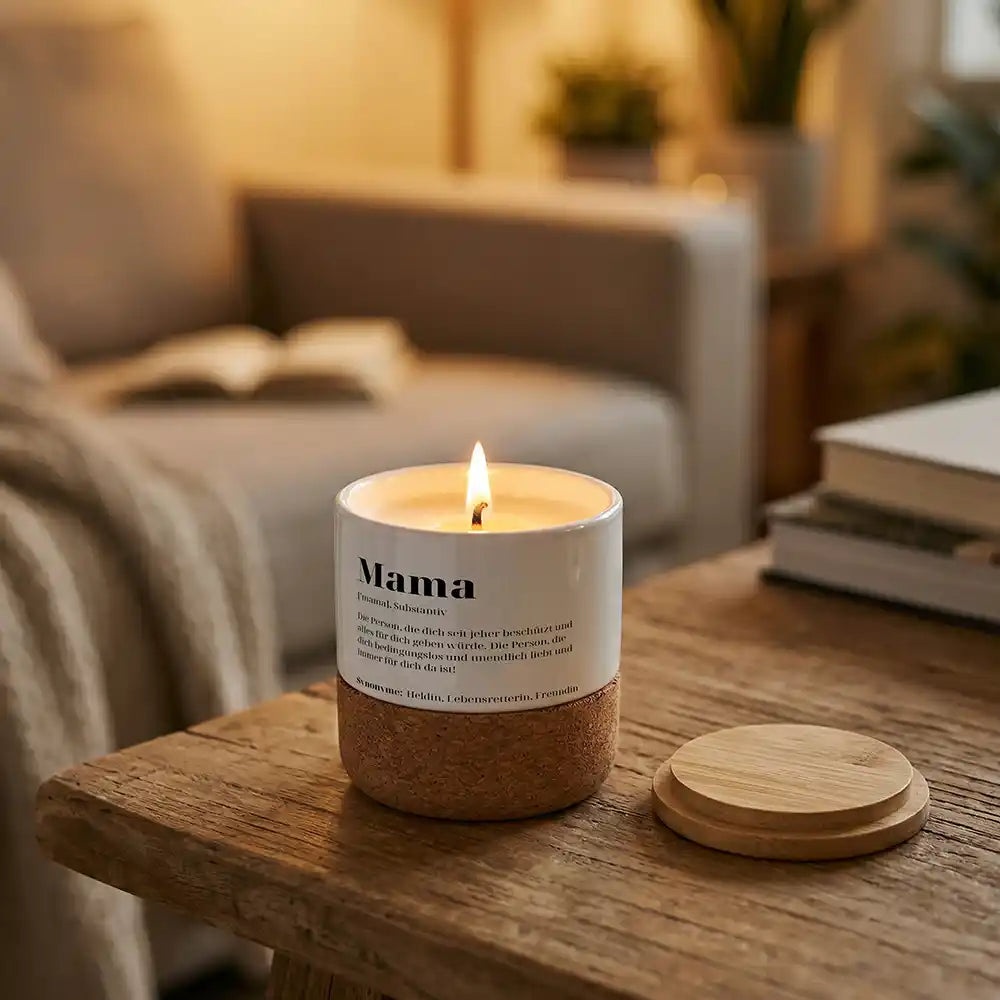 Duftkerze Vanille Keramik Mama Definition – abnehmbarer Bambusdeckel Detail