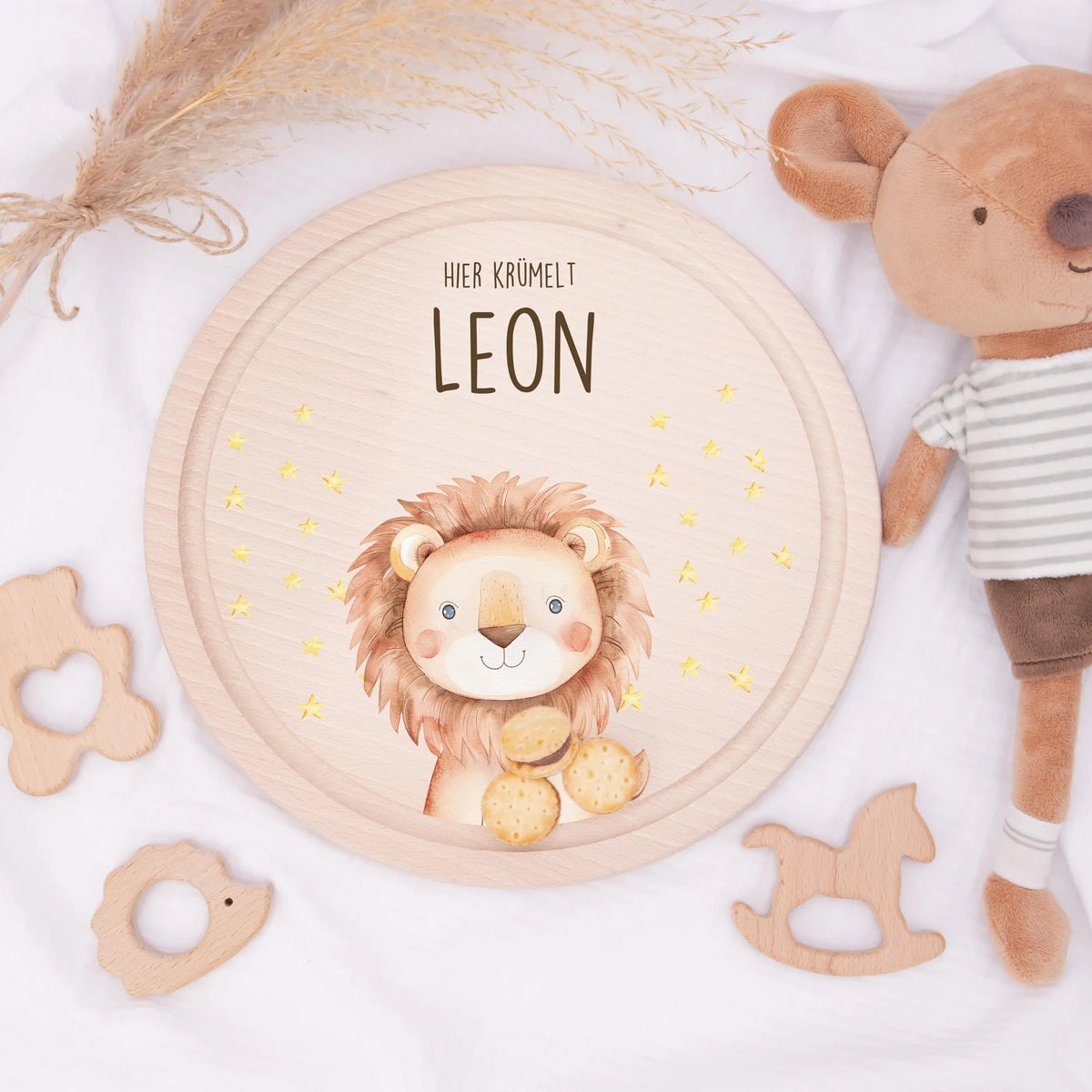 Rundes personalisiertes Frühstücksbrettchen Löwe mit Namen für Kinder