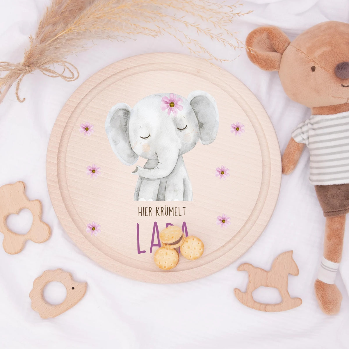 Rundes personalisiertes Frühstücksbrettchen Elefant Pünktchen mit Namen für Kinder