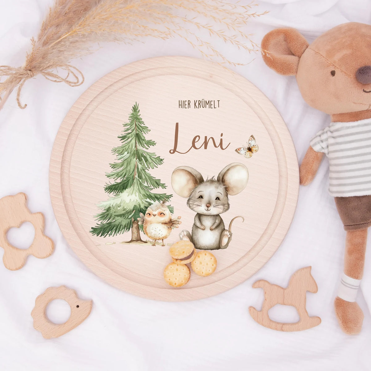 Rundes personalisiertes Frühstücksbrettchen Springmaus mit Namen für Kinder
