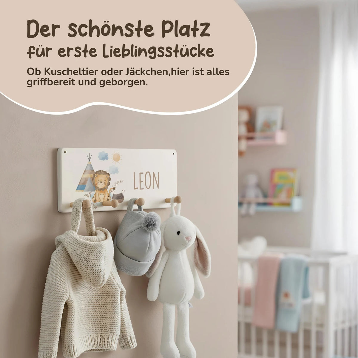 Kindergarderobe Holz personalisiert - Tipi Löwe