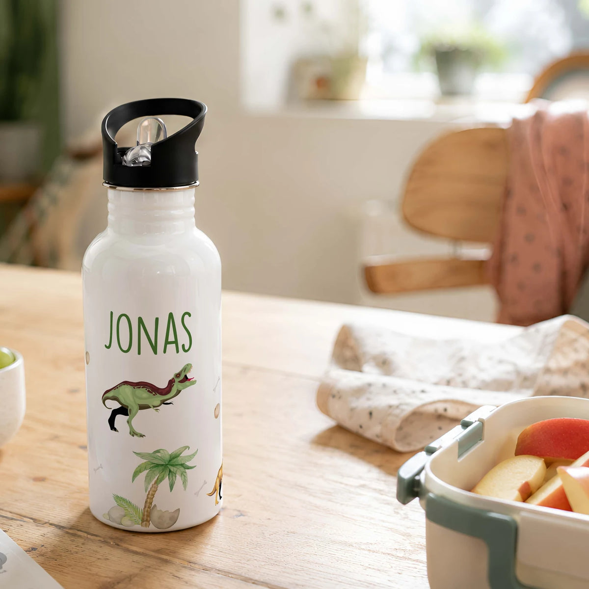 Trinkflasche Kinder Edelstahl - Dino Abenteuer - Personalisierbar mit Namen