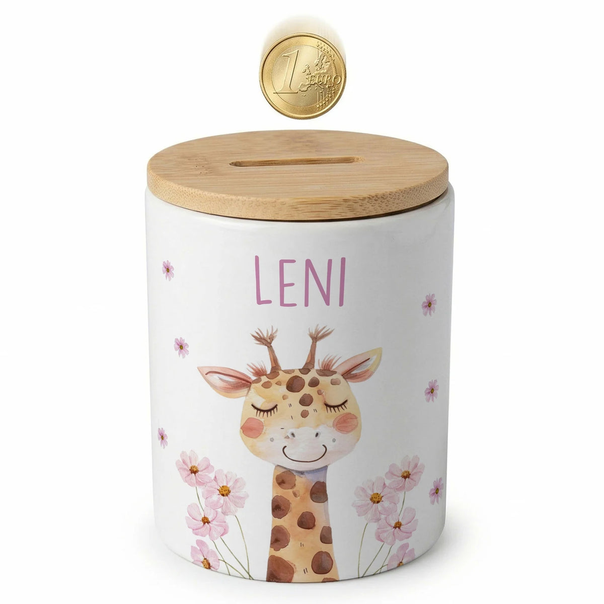 Personalisierte Spardose Giraffe Blumen â Keramik & Bambus mit Wunschname