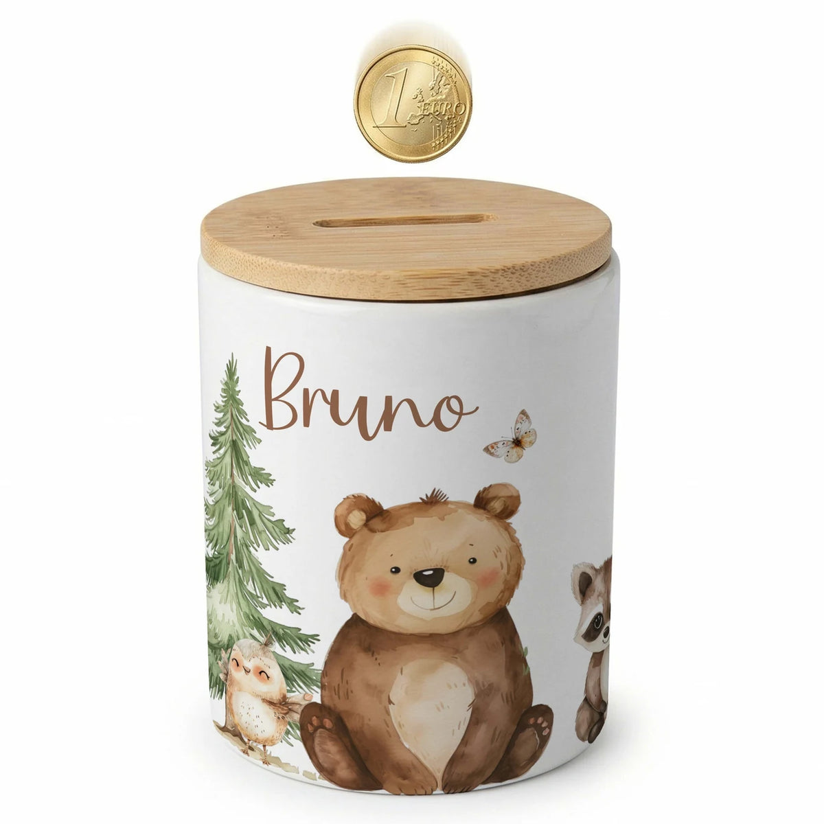 Personalisierte Spardose BĂ€r & WaschbĂ€r â Keramik & Bambus mit Wunschname