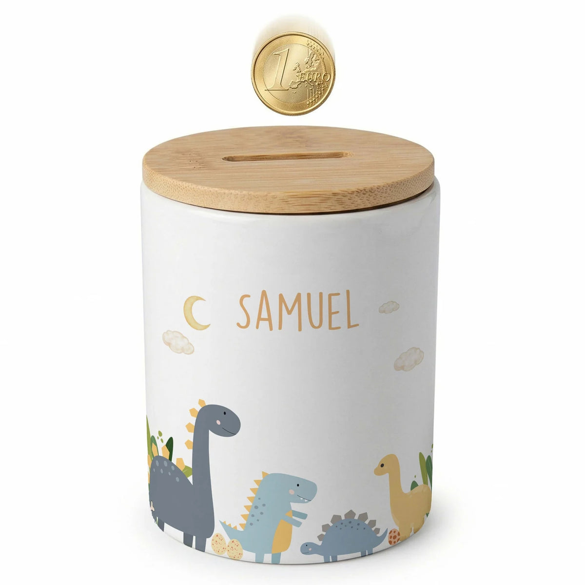 Personalisierte Spardose Dinosaurier Mond – Keramik & Bambus mit Wunschname