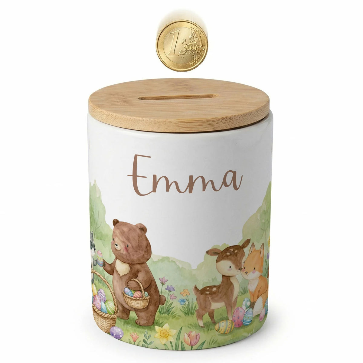 Personalisierte Spardose Ostern BĂ€renfamilie â Keramik & Bambus mit Wunschname