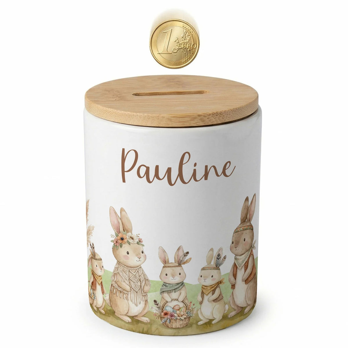 Personalisierte Spardose Boho-Hasen – Keramik & Bambus mit Wunschname