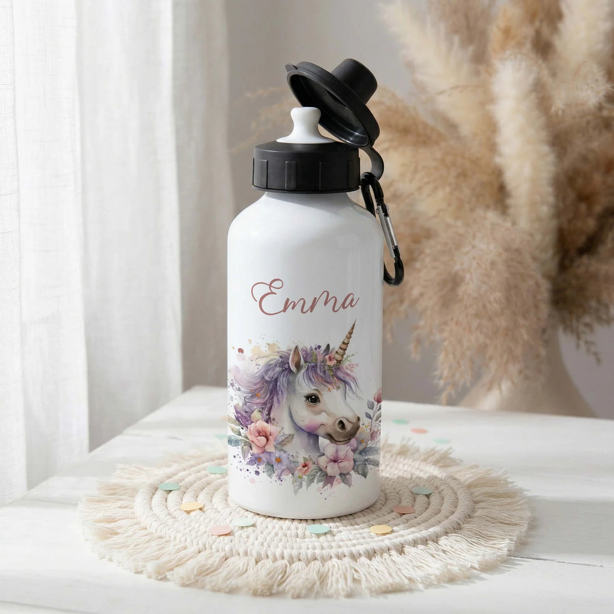 Personalisierte Trinkflasche Kinder – Einhorn Blumenkranz