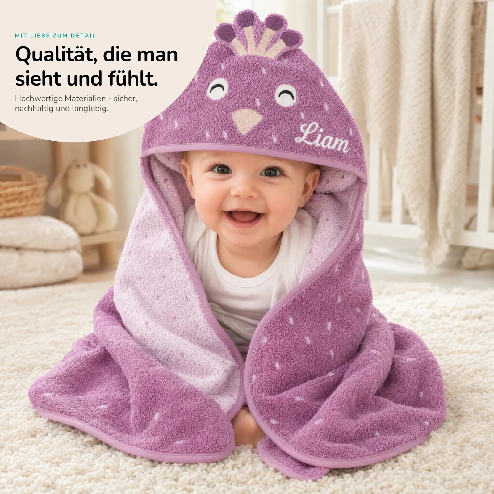 Trixie Kapuzenhandtuch Baby Pfau, personalisiert, Geschenk zur Geburt