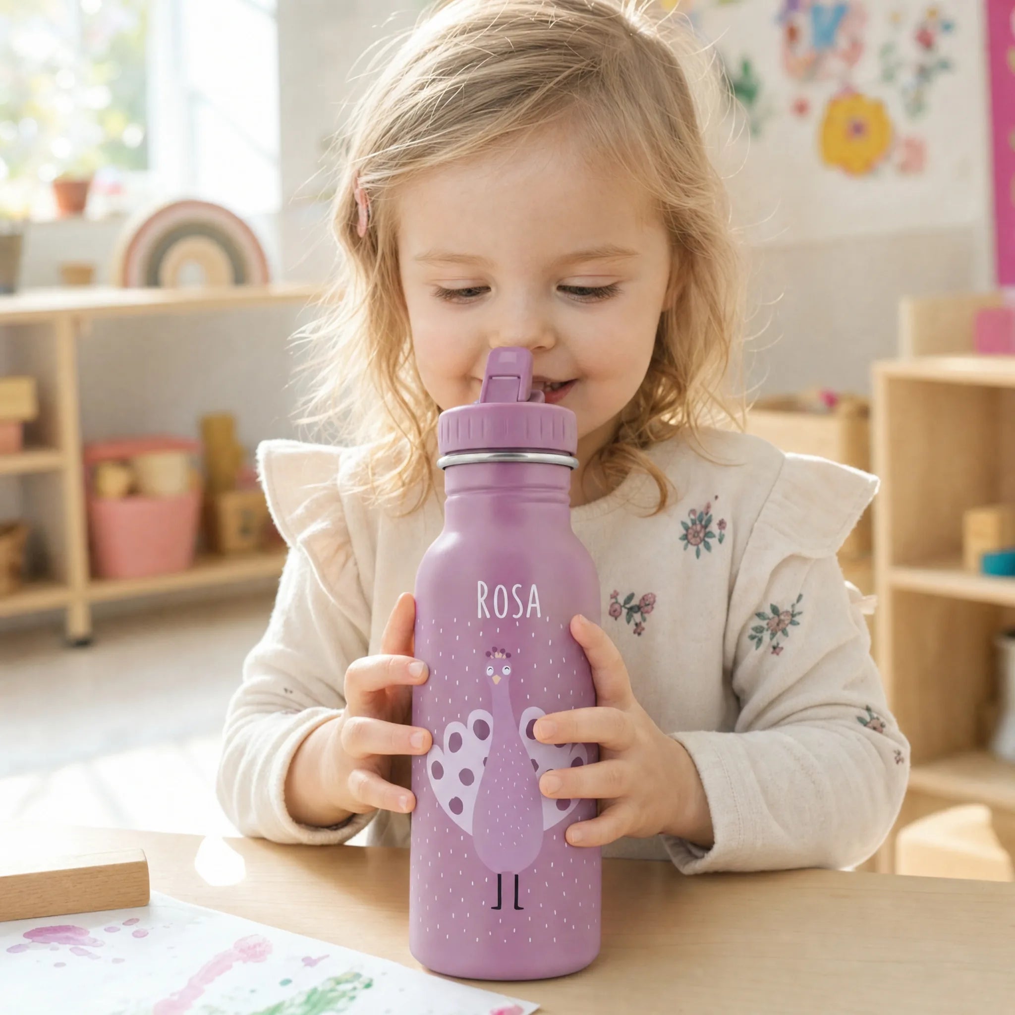 Trixie Trinkflasche Kinder Pfau, 350 ml mit Trageschnur und Gravur