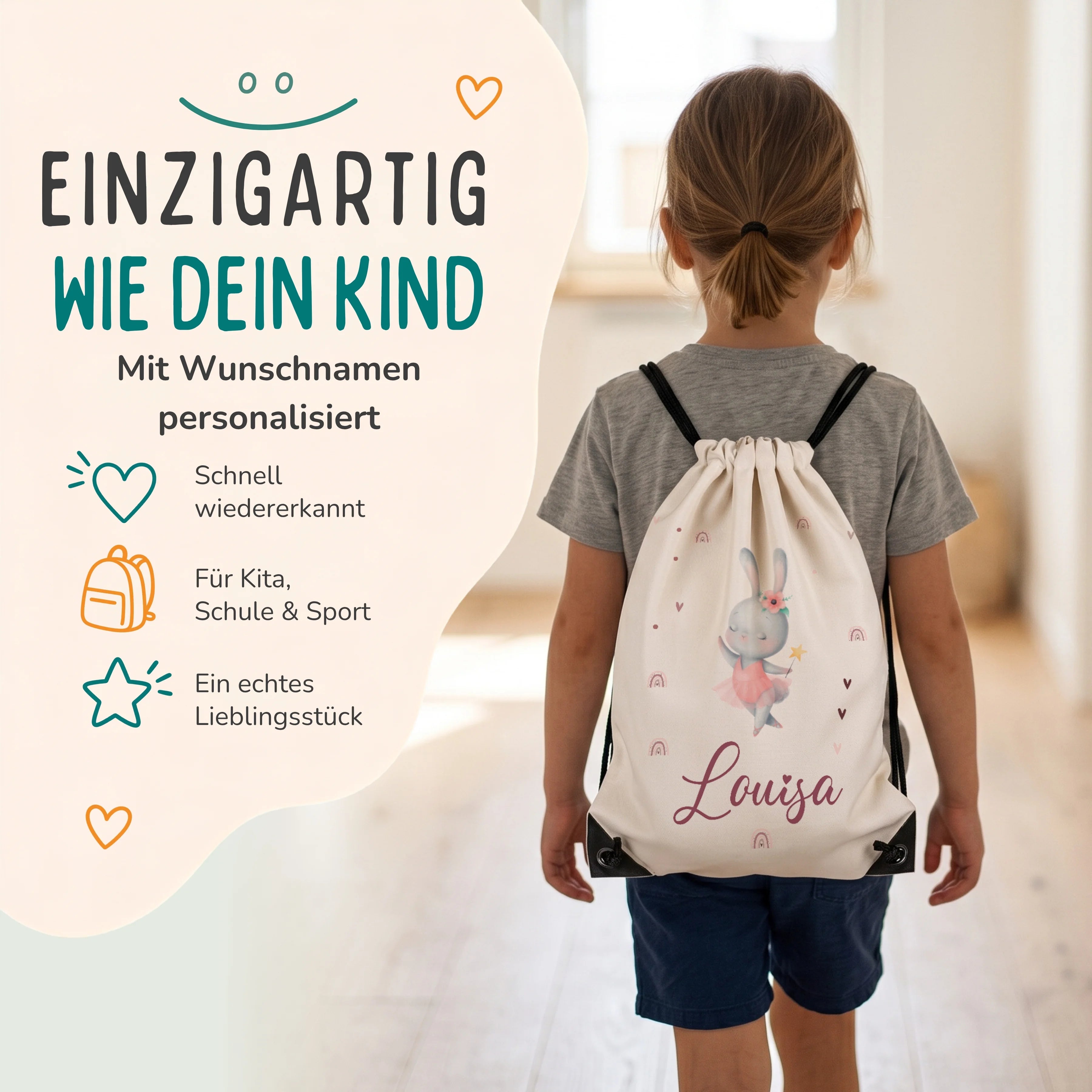 Personalisierter Turnbeutel Zauberhase, Kind trägt den Beutel auf dem Rücken
