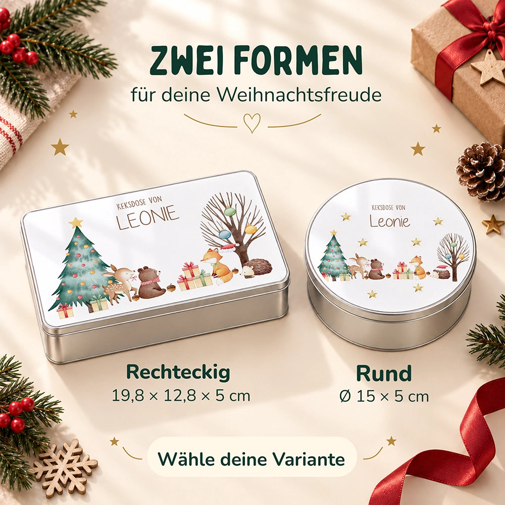 Keksdose aus Metall personalisiert - fröhliche Tiere im Wald