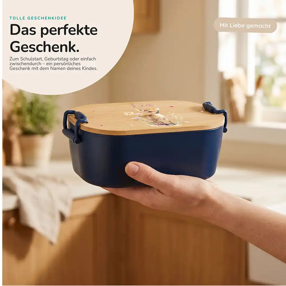 Brotdose Kinder personalisiert Rehkitz mit Blumen, Geschenk zum Schulstart mit Wunschname