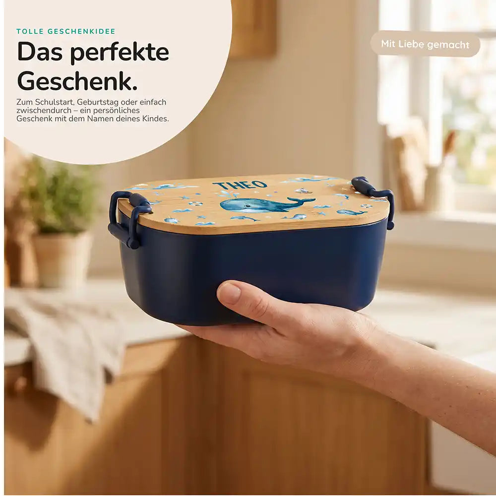 Brotdose Kinder personalisiert Wal und Delfin, Geschenk zum Schulstart mit Wunschname