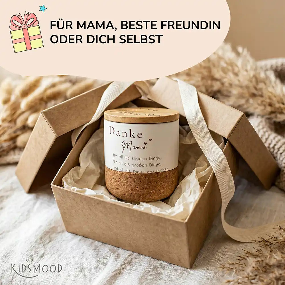 Duftkerze Vanille Keramik Danke Mama Herzen â Flatlay mit Lieferumfang