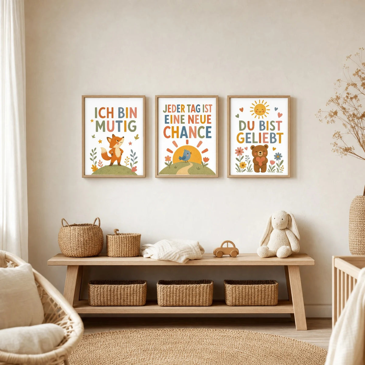 Kinderzimmer Deko: Affirmationsposter âBĂ€r Du bist geliebtâ zusammen mit weiteren Motiven an der Wand