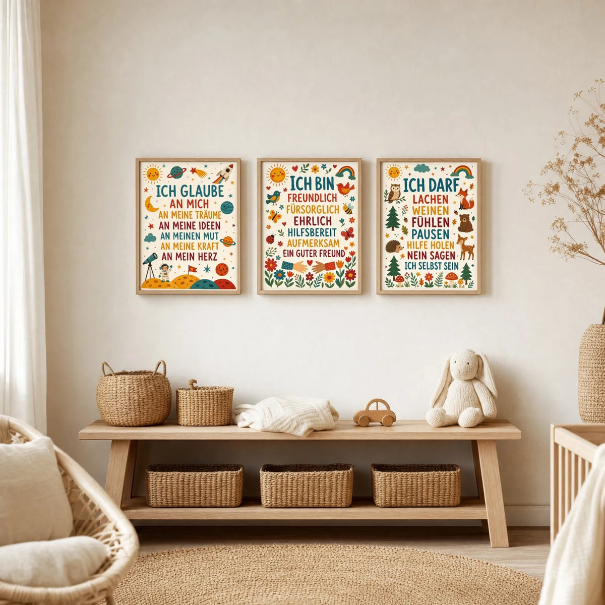Kinderzimmer Deko: Affirmationsposter âBlumen Ich bin freundlichâ zusammen mit weiteren Motiven an der Wand