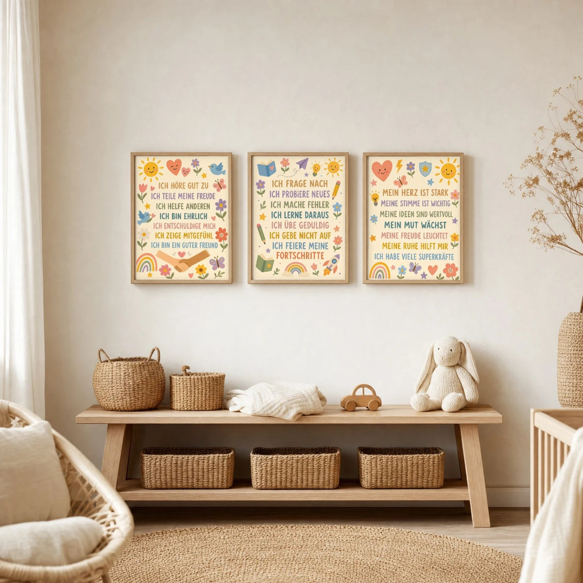 Kinderzimmer Deko: Affirmationsposter âBlumenwiese Ich frage nachâ zusammen mit weiteren Motiven an der Wand