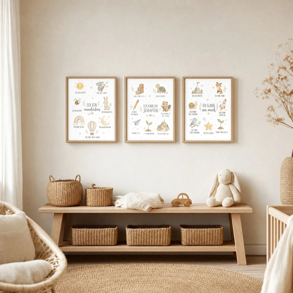 Kinderzimmer Deko: Affirmationsposter âCollage Ich kann das schaffenâ zusammen mit weiteren Motiven an der Wand