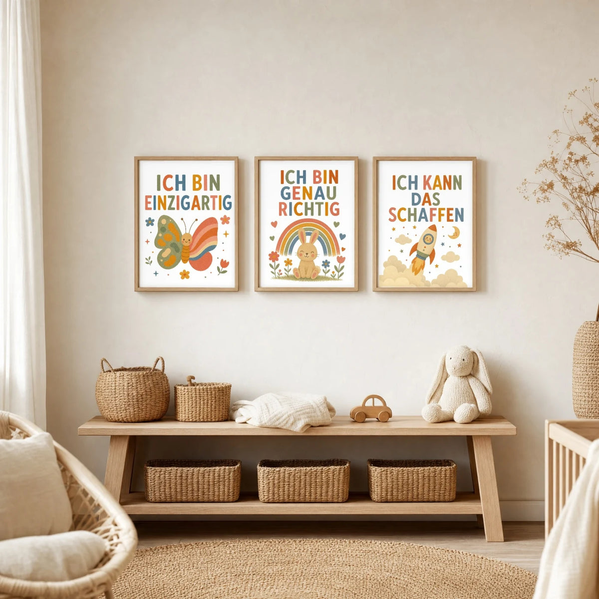 Kinderzimmer Deko: Affirmationsposter âHase Ich bin genau richtigâ zusammen mit weiteren Motiven an der Wand
