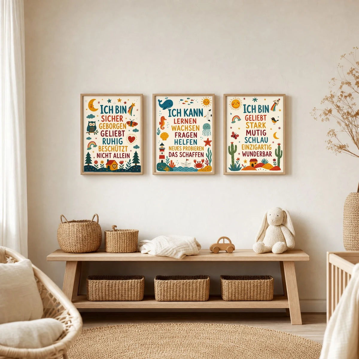 Kinderzimmer Deko: Affirmationsposter âMeer Ich kann lernenâ zusammen mit weiteren Motiven an der Wand