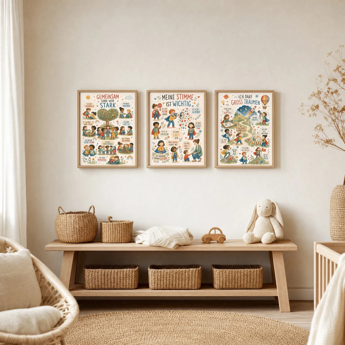 Kinderzimmer Deko: Affirmationsposter âWimmelbild Meine Stimmeâ zusammen mit weiteren Motiven an der Wand
