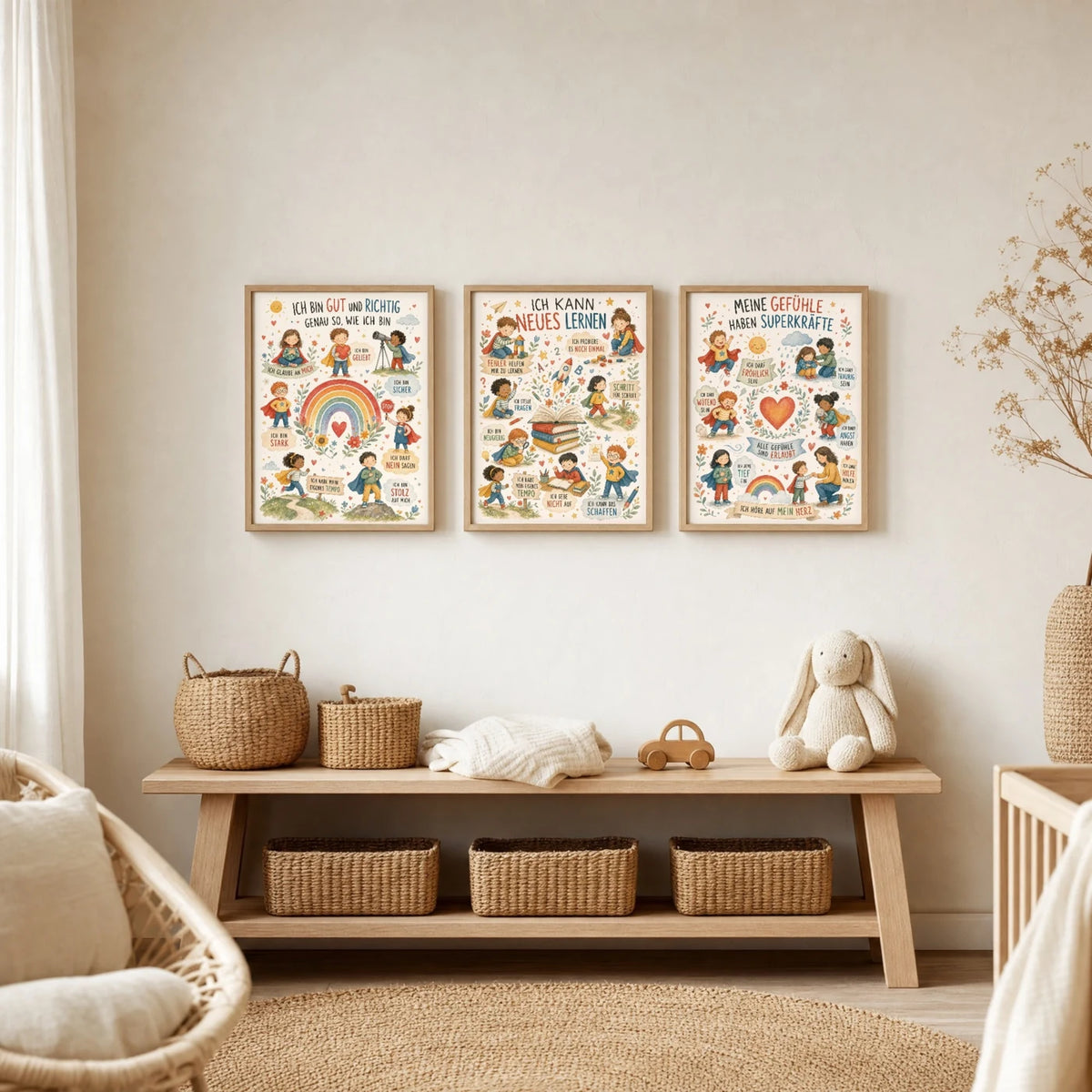 Kinderzimmer Deko: Affirmationsposter âWimmelbild Neues lernenâ zusammen mit weiteren Motiven an der Wand