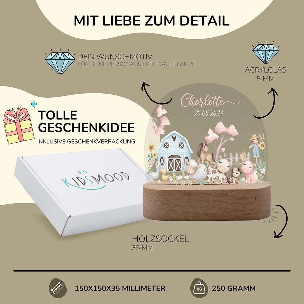 Nachtlicht Bauernhof personalisiert – 150 × 150 × 35 mm, 5 mm Acrylglas, Holzsockel, mit Geschenkverpackung