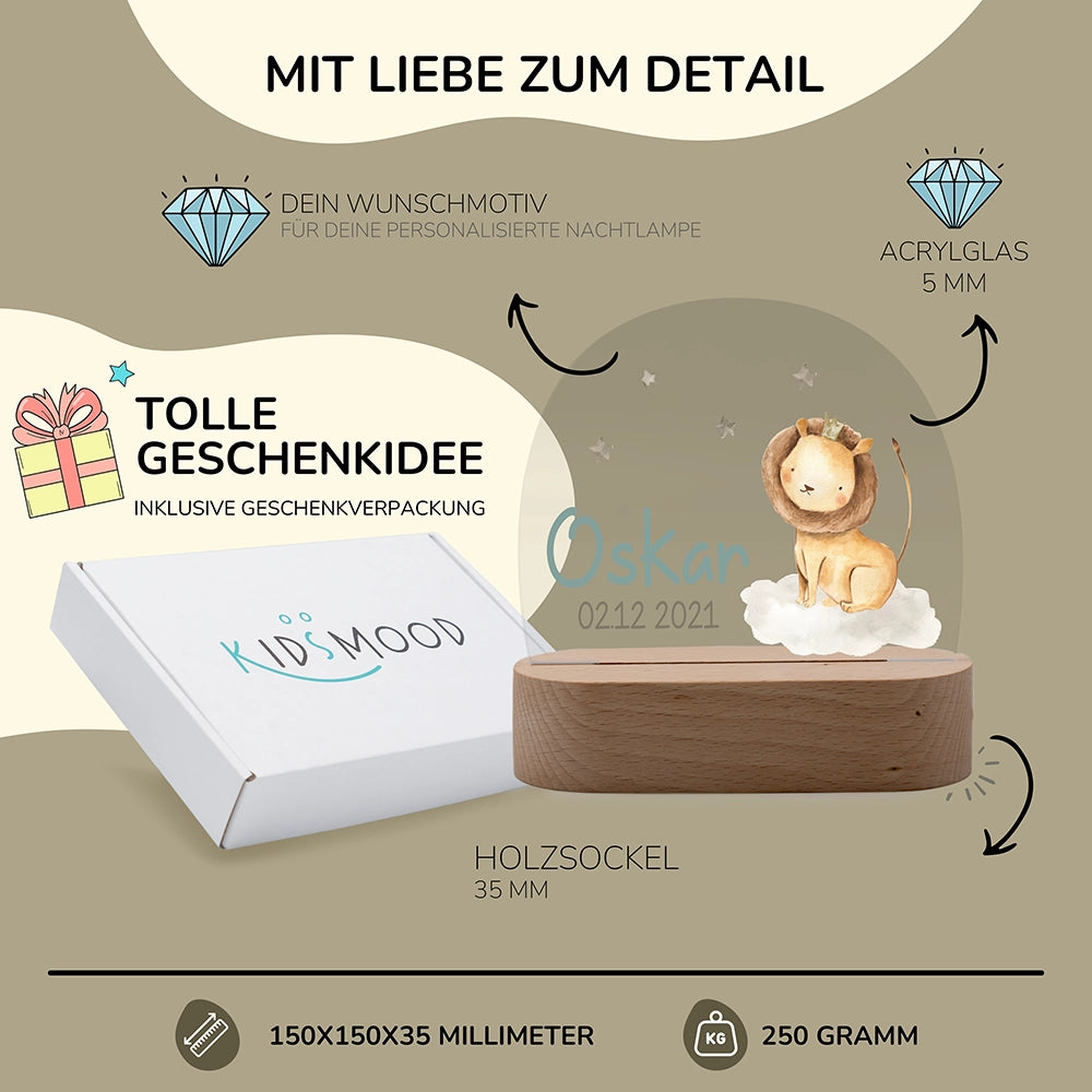 Nachtlicht Löwe personalisiert – 150 × 150 × 35 mm, 5 mm Acrylglas, Holzsockel, mit Geschenkverpackung