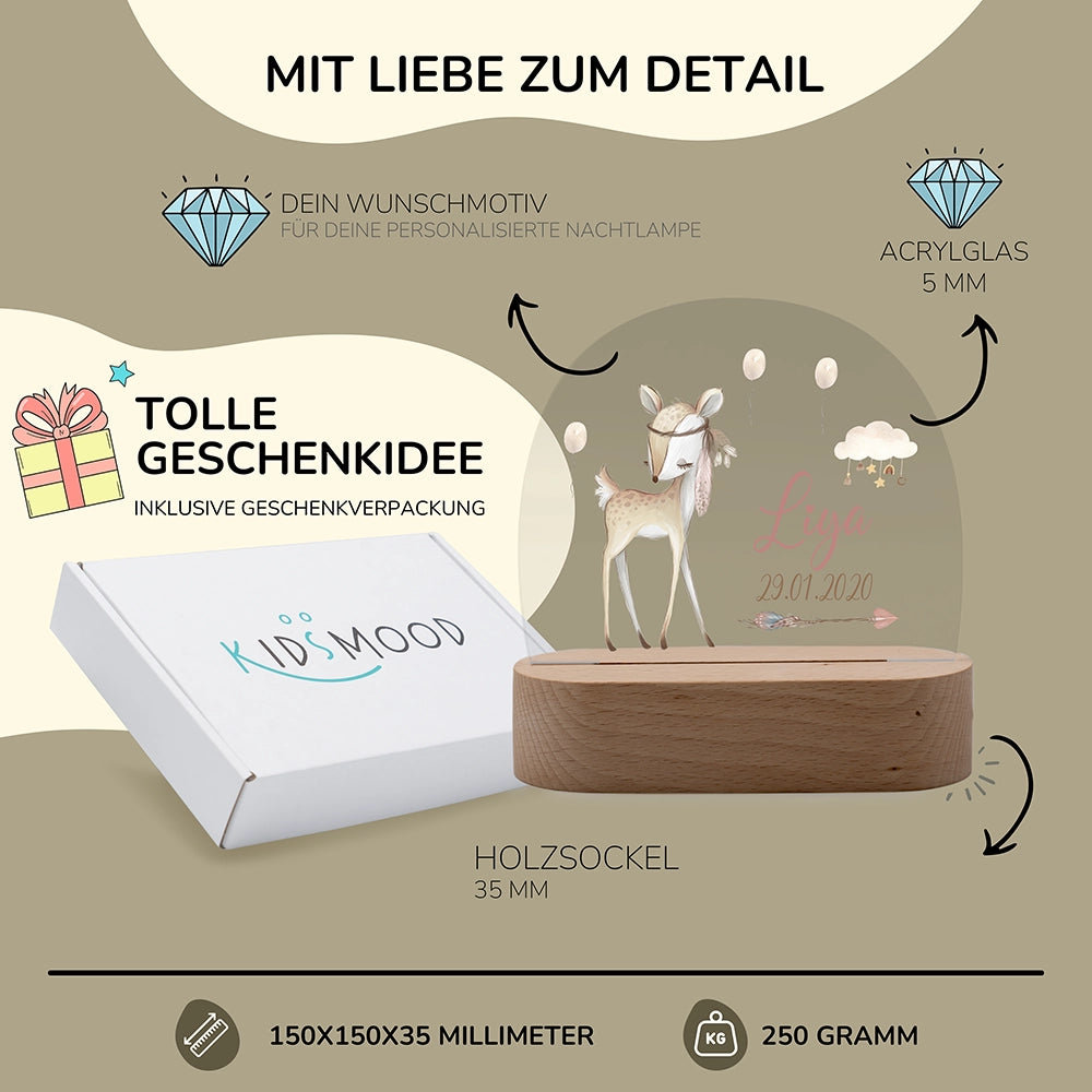 Nachtlicht Reh personalisiert â 150 Ă 150 Ă 35 mm, 5 mm Acrylglas, Holzsockel, mit Geschenkverpackung