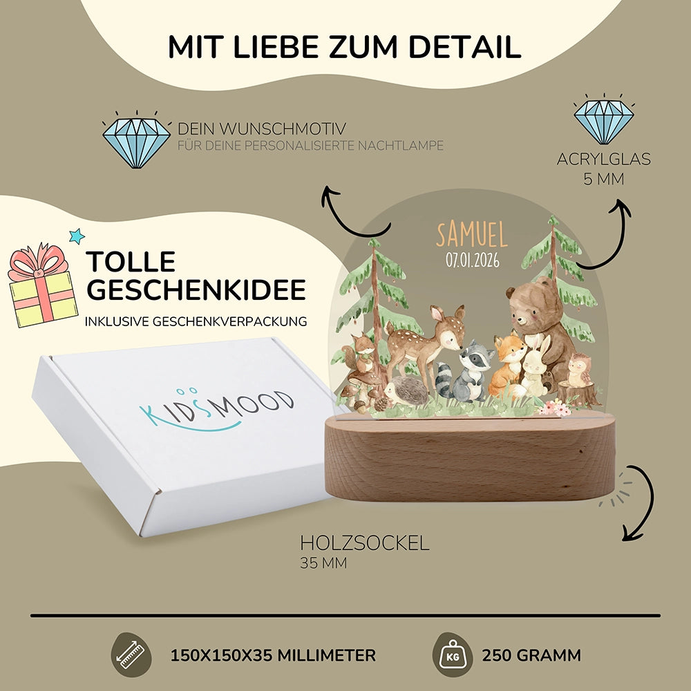 Nachtlicht Waldtiere personalisiert – 150 × 150 × 35 mm, 5 mm Acrylglas, Holzsockel, mit Geschenkverpackung