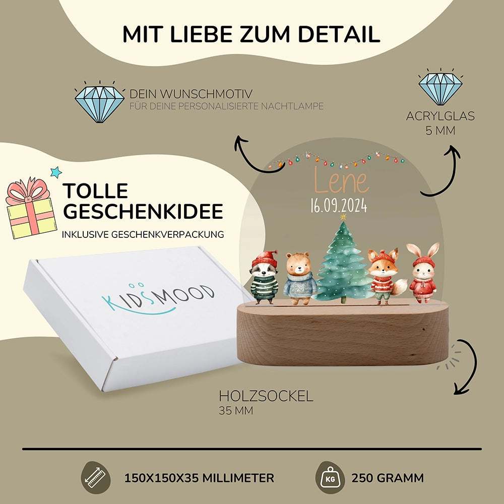 Nachtlicht Weihnachten personalisiert – 150 × 150 × 35 mm, 5 mm Acrylglas, Holzsockel, mit Geschenkverpackung