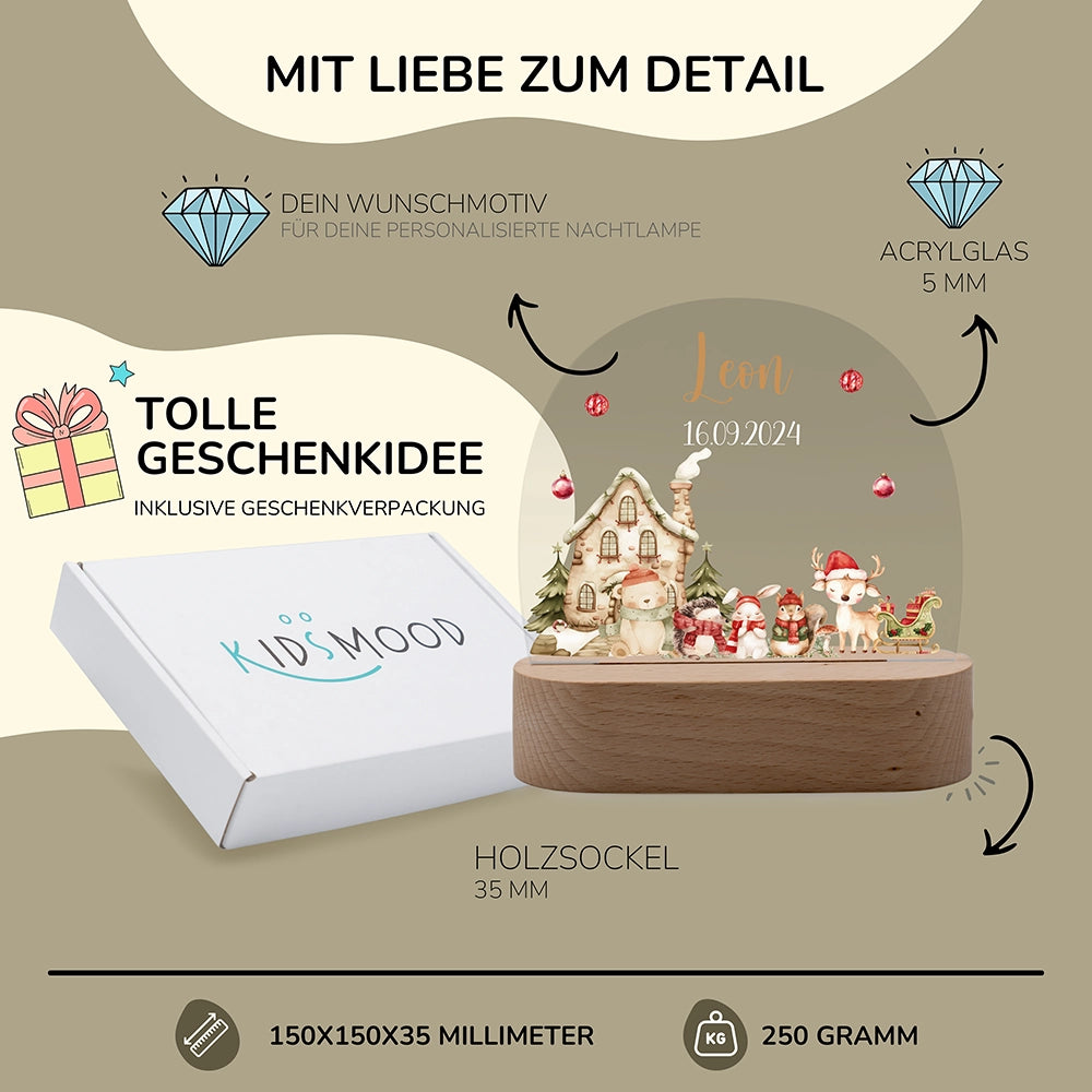 Nachtlicht Weihnachten personalisiert – 150 × 150 × 35 mm, 5 mm Acrylglas, Holzsockel, mit Geschenkverpackung