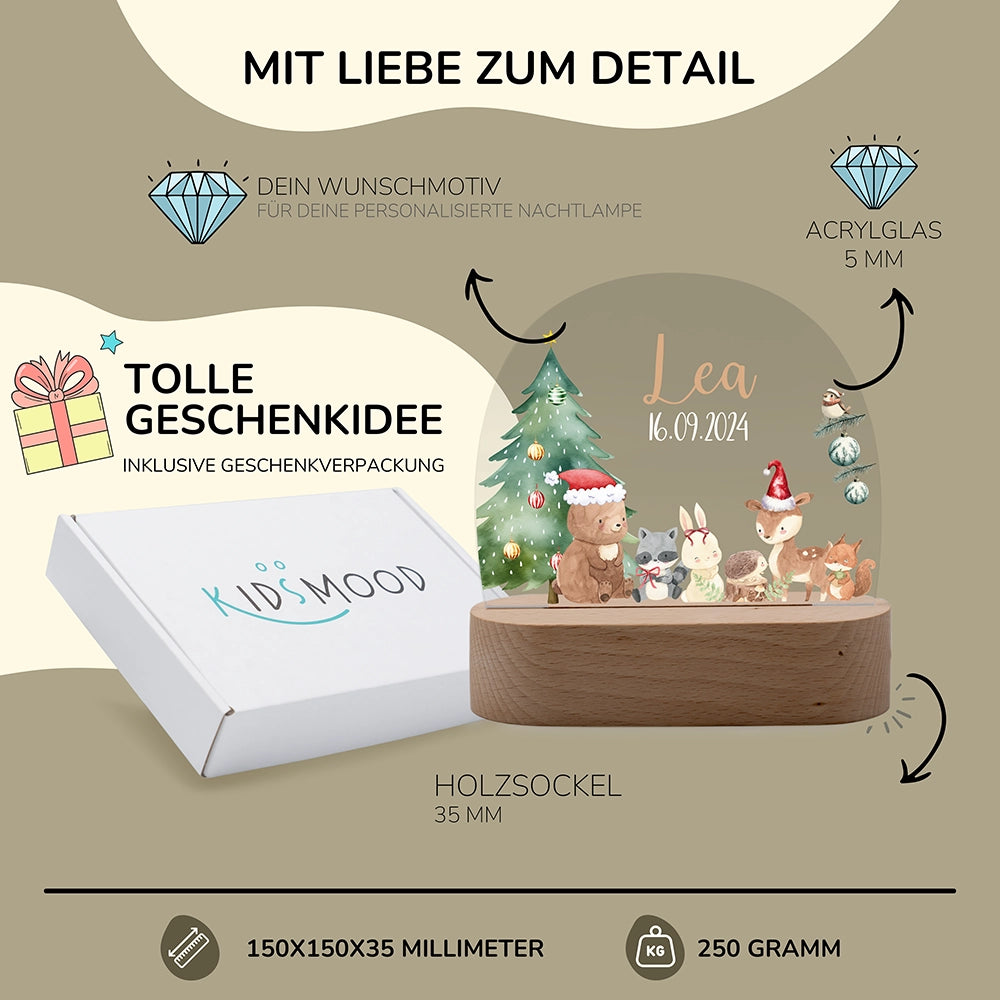 Nachtlicht Weihnachten personalisiert – 150 × 150 × 35 mm, 5 mm Acrylglas, Holzsockel, mit Geschenkverpackung