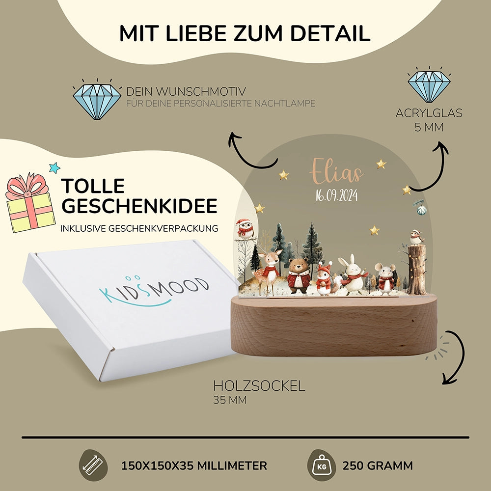 Nachtlicht Weihnachten personalisiert – 150 × 150 × 35 mm, 5 mm Acrylglas, Holzsockel, mit Geschenkverpackung