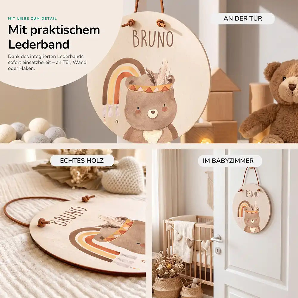 TĂŒrschild Kinderzimmer BĂ€r mit Regenbogen, im GröĂenvergleich, Ă 14 cm und Ă 20 cm