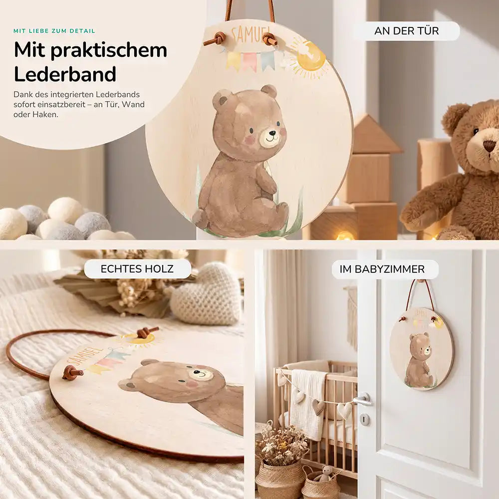 TĂŒrschild Kinderzimmer BĂ€r mit Wimpelkette, im GröĂenvergleich, Ă 14 cm und Ă 20 cm