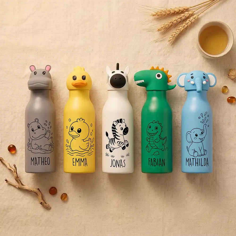 Personalisierte Trinkflasche Kinder Dino, Edelstahlflasche im Tierdesign